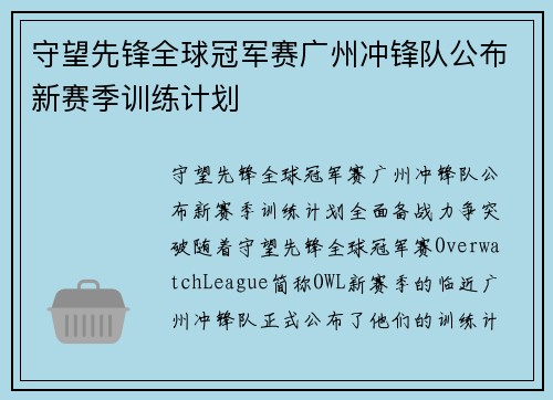 守望先锋全球冠军赛广州冲锋队公布新赛季训练计划